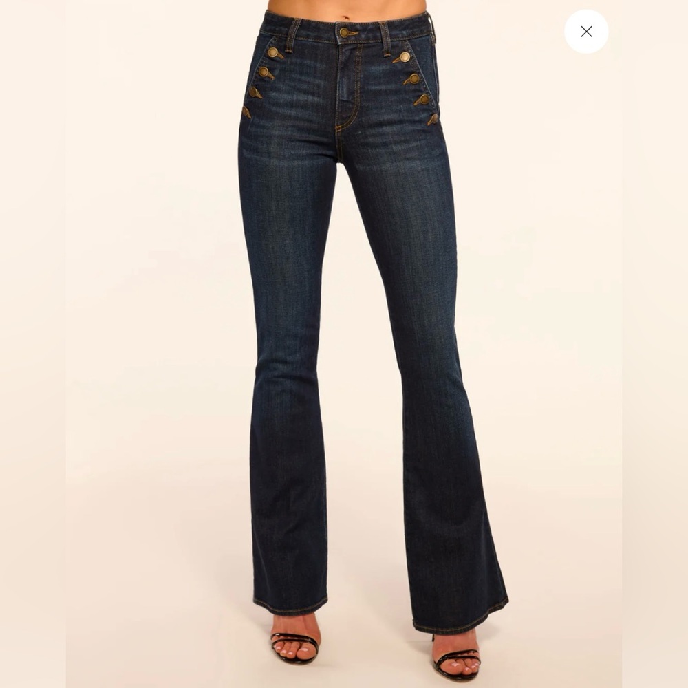 Ramy Brook- Helena High-Rise Flare Jean Sailor Button Sz 28. Dark Rinse